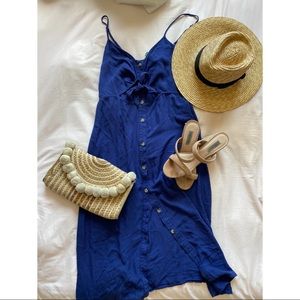 Francesca’s Blue Tie Front Button Midi Dress Sz L